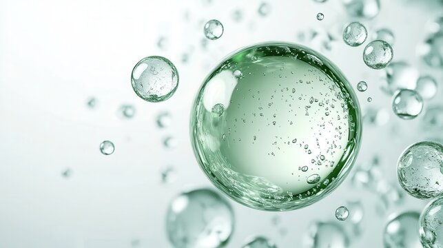 Microscopic view revealing molecular structure of hyaluronic acid, displaying luminescent bubbles suspended in skincare serum with hydrating, plumping properties