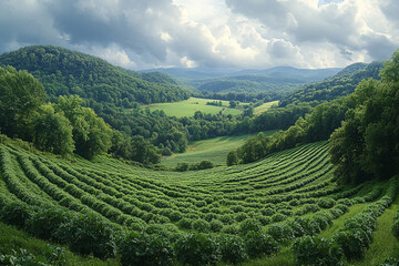 Verdant Rows, A Landscape of Cultivated Greenery Under a Cloudy Sky