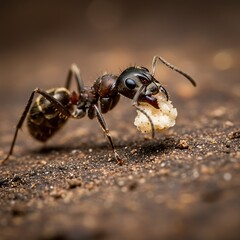 Ant Carrying Food in Its Mouth Walking on Rough Surface