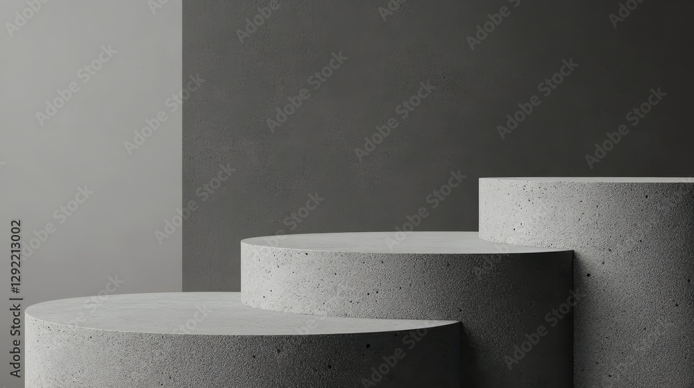 Aufkleber three empty concrete cylindrical podiums of different sizes forming a staircase on a gray background