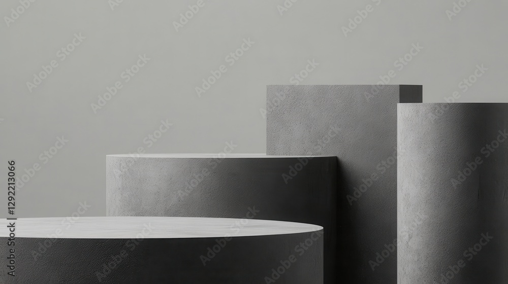 Poster sleek gray geometric podiums varying in shape, creating minimalist display space against neutral bac