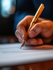 Elegant hand writing in cursive with a golden pen on a white sheet at a cozy indoor setting. Generative AI