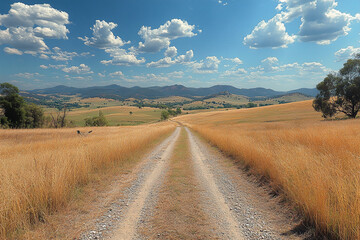 Obraz premium Dusty Path Through Golden Grasslands Leading to Distant Mountains