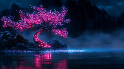 Glowing pink tree on rocks by water at night.