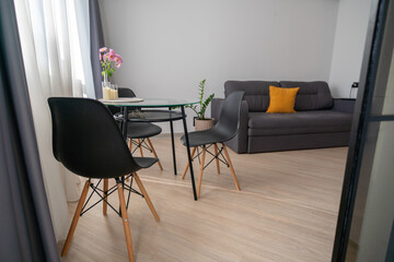 Apartment Interior Design Modern Furniture Living Room: Cozy minimalist apartment showcasing stylish furniture and decor.