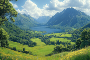 Obraz premium Verdant Vista, A Lush Valley of Greenery and Tranquil Waterscape