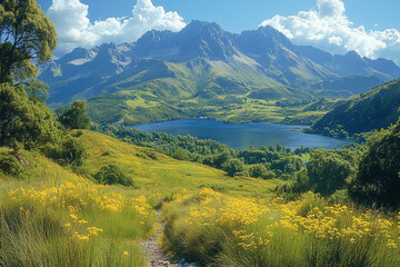 Sunlit Trail Leading to Serene Mountain Lake Vista