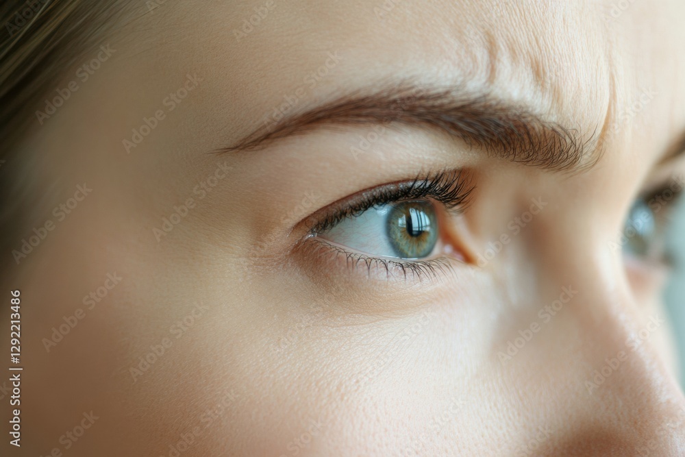 Poster close up of a womans face illustrating the contrast between aged and youthful skin in a medical cont