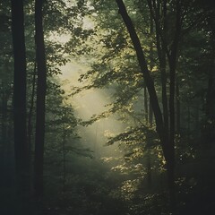 Obraz premium Serene forest scene with sunrise through tall trees high resolution picture
