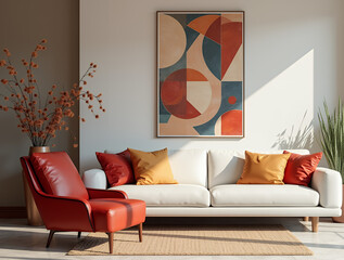 Red leather armchair near white sofa with colorful cushions. Suprematism style interior design of modern living room with abstract geometric shapes