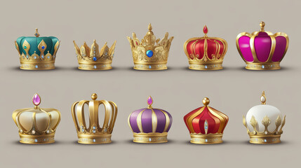 Set of golden crowns for king or queen, colorful crowning headdress for Monarch. Royal gold monarchy medieval emperor coronation symbol, isolated imperial game assets, Realistic 3d vector illustration