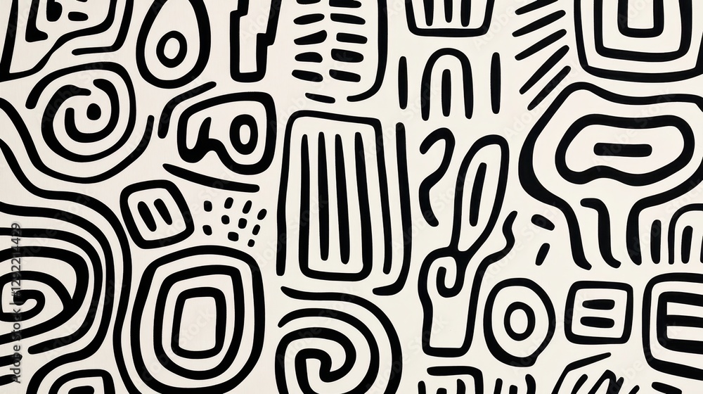 Poster black linear patterns weaving intricate abstract shapes across neutral beige surface, generating sea