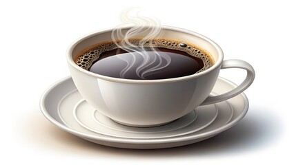 Obraz premium a steaming cup of rich, dark coffee, with a slight vapor wafting upwards, resting on a saucer. Perfect for morning ritual and refreshment