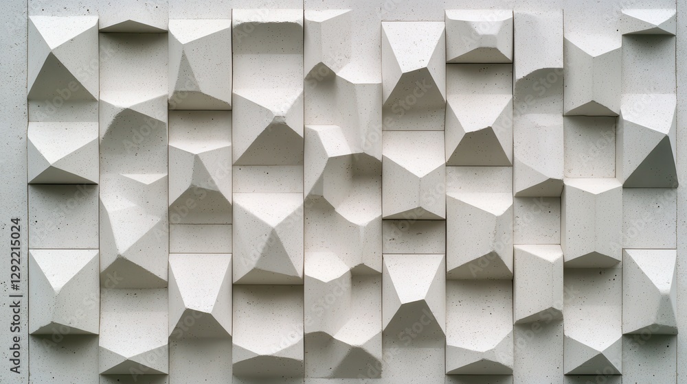 Poster white concrete wall featuring three dimensional geometric block pattern, creating textured architect