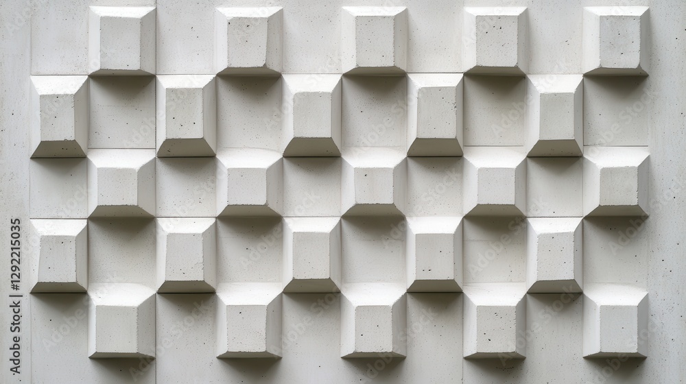 Aufkleber textured white concrete wall displaying geometric relief pattern with truncated pyramid shapes, reve