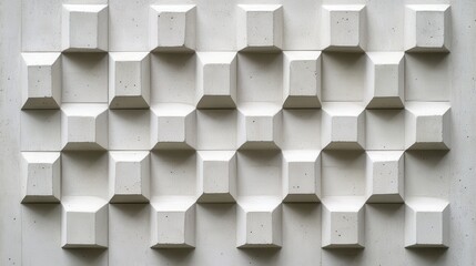 Textured white concrete wall displaying geometric relief pattern with truncated pyramid shapes, revealing architectural surface complexity and modern design aesthetic