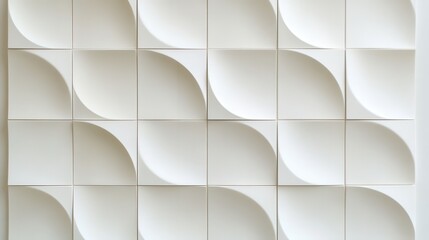 Textured white ceramic surface featuring geometric square tiles creating rhythmic relief pattern with undulating, minimalist architectural background