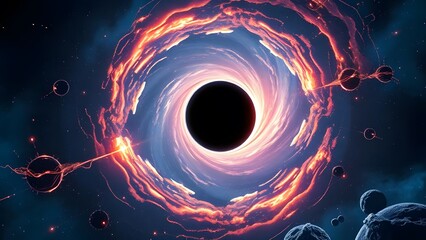 Enthralling Cosmic Vista Black Hole Embraced by Radiant Energy, Futuristic Elegance on Indigo Horizon