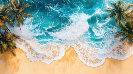 Fototapeta premium Tropical aerial landscape featuring swaying palm trees, pristine white sandy coastline, turquoise ocean waters washing against shoreline, revealing tranquil paradise scenery