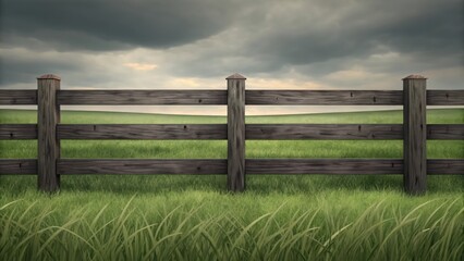 a wooden fence separates a lush green field under a dramatic sky. The scene evokes a sense of tranquility and rural beauty. The fence stands as a boundary in the expansive landscape