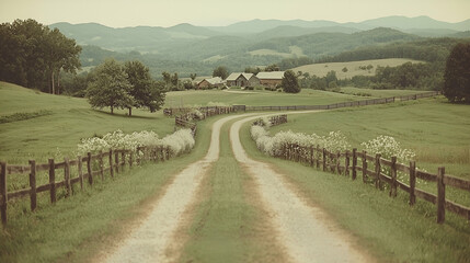 Scenic country road leads to farmhouse, mountain backdrop, tranquil landscape