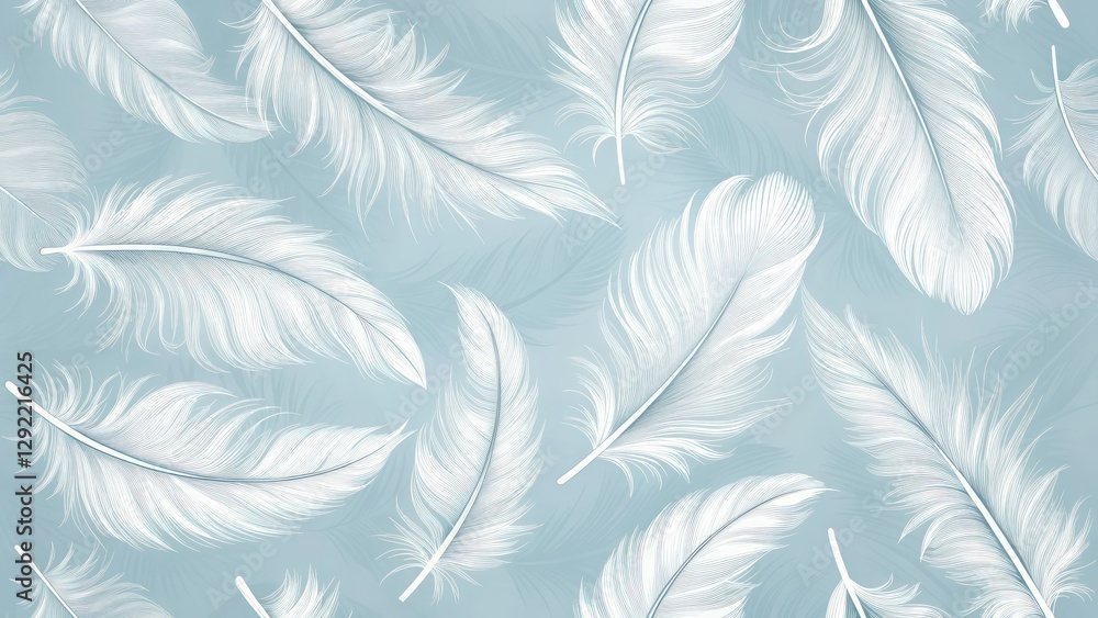 Poster an artistic seamless pattern of delicate white feathers floating on a pastel blue backdrop. the feat