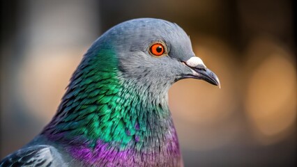 a close-up shot of a colorful pigeon showcasing its iridescent feathers and focused gaze
