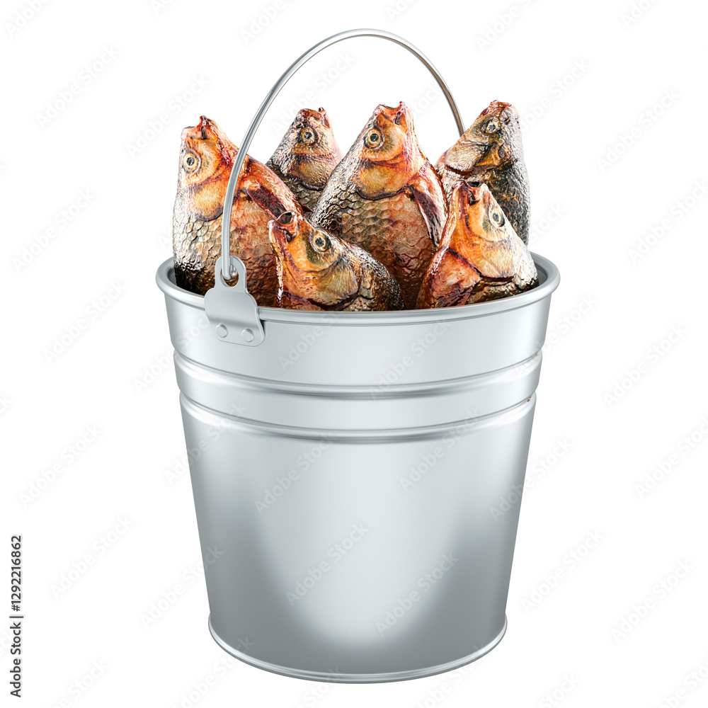 Poster carp fish in metallic bucket, 3d rendering isolated on transparent background