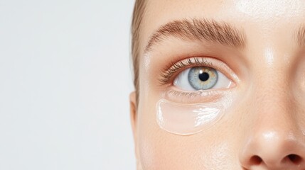 Youthful female carefully patting hydrating under eye gel patches, targeting dark circles and nourishing delicate facial skin with skincare routine