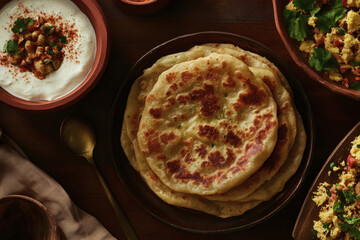 Golden parathas stuffed with spiced potato, paired with tangy chaat and creamy yogurt sprinkled with spices. 