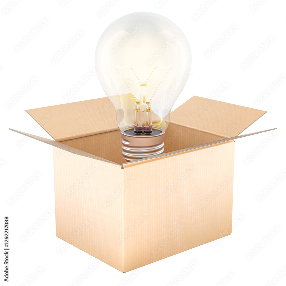 Poster thinking outside the box, concept. opened cardboard box with lightbulb inside, 3d rendering isolated