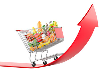 Rising Supermarket prices and food cost or grocery price surge as costs of super-market groceries as an inflation, 3D rendering isolated on transparent background