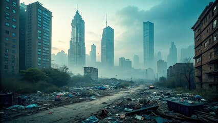 Obraz premium an unsettling scene of a city with skyscrapers in the background juxtaposed against a landscape littered with debris, depicting a post-apocalyptic setting
