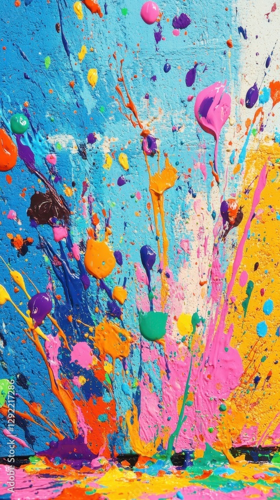 Poster colorful paint splashing across textured blue canvas, creating energetic abstract composition with v