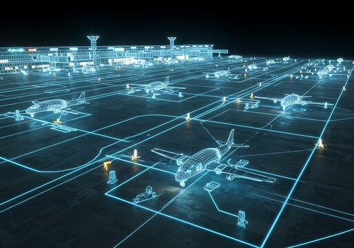 Digital Airport Terminal View with Airplanes and Neon Lines