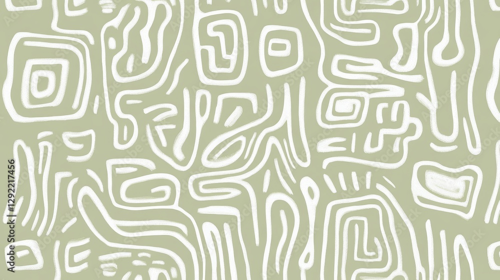 Poster white lines weaving intricate maze like pattern across soft green backdrop, generating contemporary 