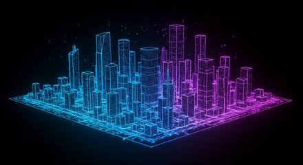 Digital Cityscape Glowing with Neon Lights and Modern Architecture
