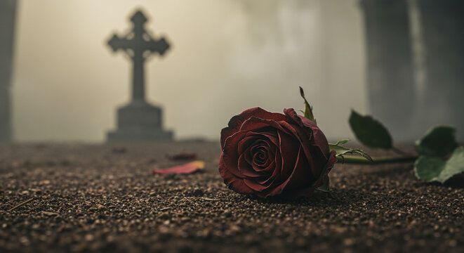 Wilting red rose lying on the ground in front of a cross tombstone in a cemetery misty graveyard