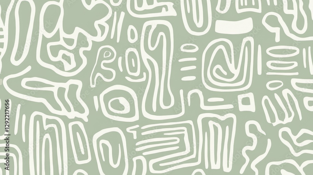 Poster sage green seamless pattern with irregular white lines creating organic, abstract shapes ideal for t