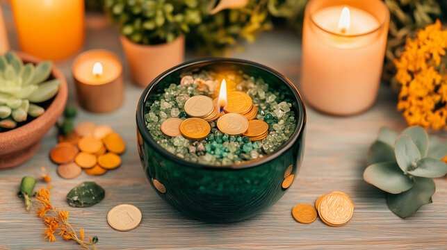 glass bowl, filled with coins, green tinted rice, pyrite crystals, coins, and rolled up dollar bills. Herbs sprinkled around the bowl. A small green tea light candle in the middle.