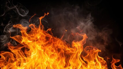 Fototapeta premium Close up of vibrant flames with smoke against black background