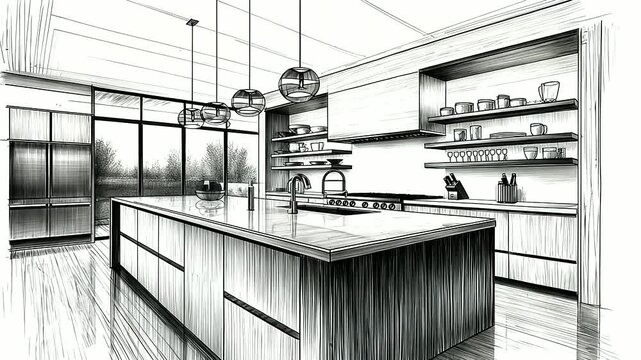 A black-and-white sketch of a contemporary kitchen with a central island, smooth cabinetry, and open shelves for displaying culinary essentials