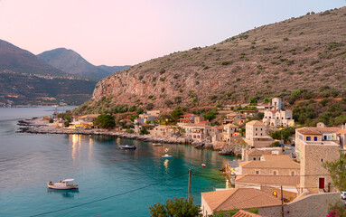 Panoramic view of Limeni in the dusk. Limeni is a small village on the Mani peninsula in the Peloponnese of mainland Greece.