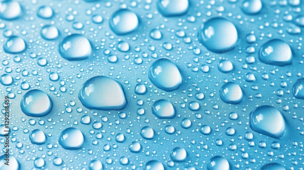 Poster Water droplets clustering on vivid blue surface, reflecting light and creating intricate textural pattern with dynamic liquid formations
