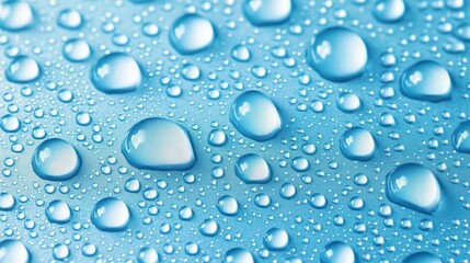 Water droplets clustering on vivid blue surface, reflecting light and creating intricate textural pattern with dynamic liquid formations