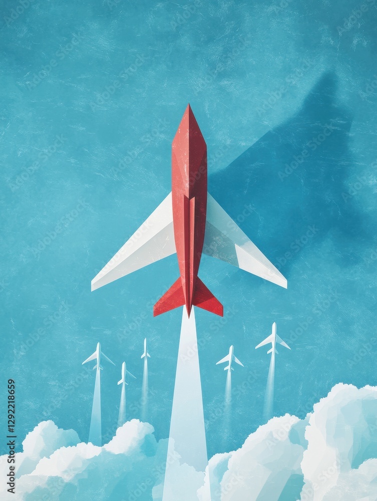 Poster red and white airplane leads smaller paper planes in a blue sky creating a vision of leadership and 