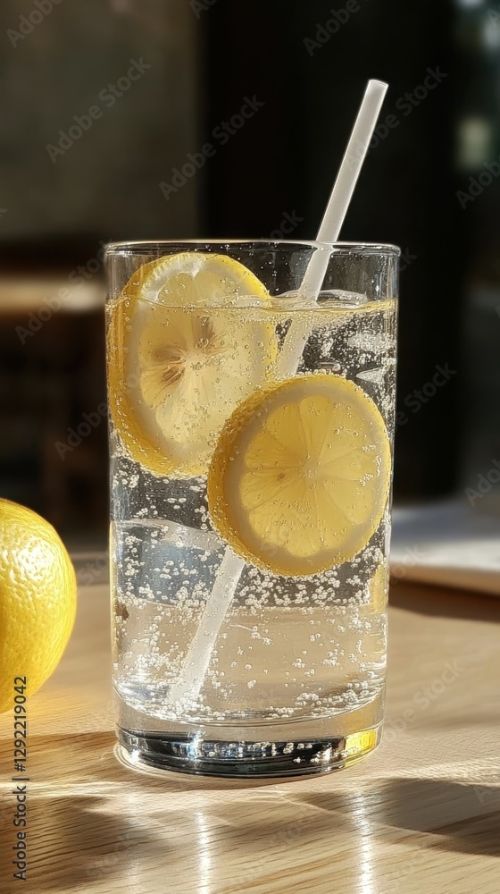Poster two lemon slices floating in a glass of sparkling water with a straw, creating a refreshing summer b