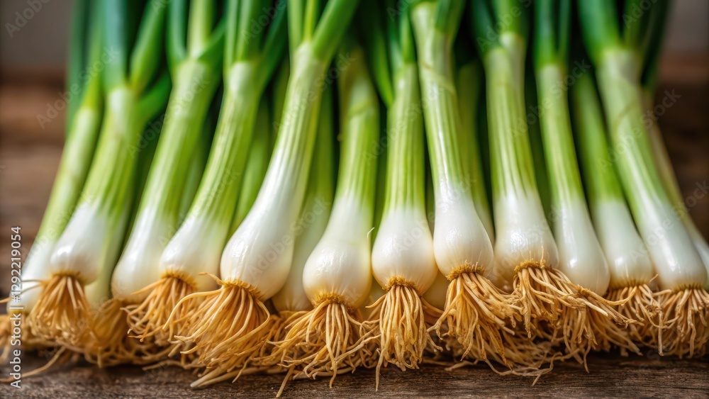 Poster a bunch of fresh green onions with roots on a rustic wooden surface. they are arranged in a neat row