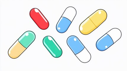 Vibrant pharmaceutical pills arranged randomly on clean white surface, displaying diverse medical treatment options and healthcare diversity