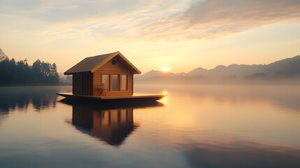 Fototapeta premium Floating house on a tranquil lake at sunrise, mirroring the golden sky and misty mountains. 